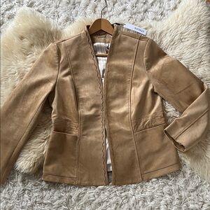 NWT Faux Suede Scalloped Open Front Jacket - Tan size M